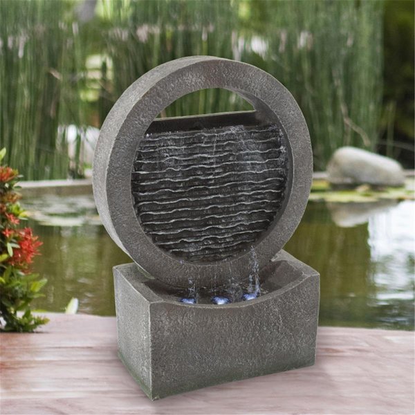 Grillgear Round Cascade Fountain-Polyresin Waterfall With LED Lights-Outdoor Decorative Water, Gray GR2008683